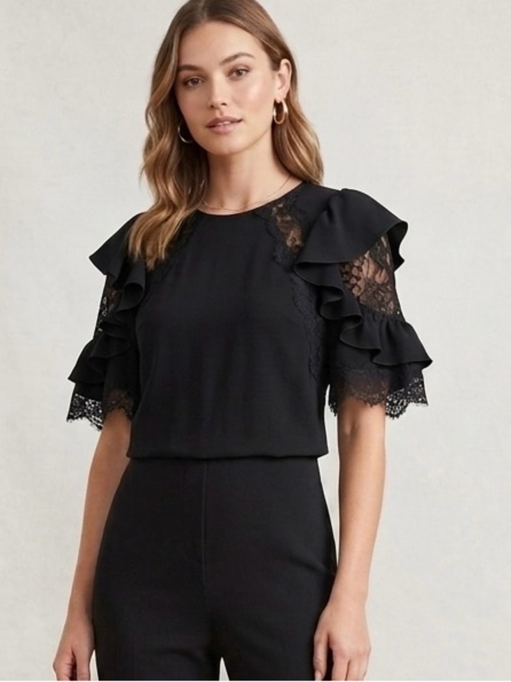 Rebecca Taylor Women’s 4 Black Lace & Crepe Flutter Sleeve Blouse